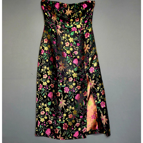 Lulus Dress Womens M Black Embroidered Floral Brocade Strapless Midi Formal New - Picture 6 of 16